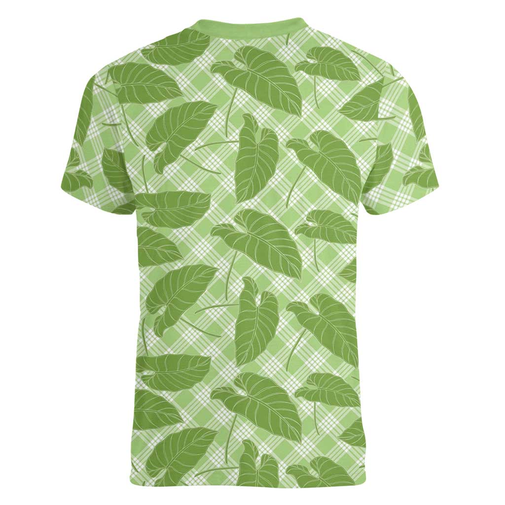 Green Hawaii Kalo Palaka Motifs Women V-Neck T-Shirt Hawaiian Taro Leaves Elegant Vibes - Polynesian Pride