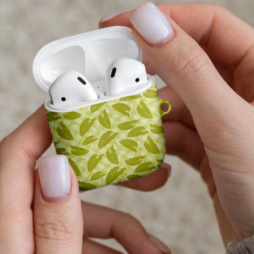 Lime Green Hawaii Kalo Palaka Motifs AirPods Case Hawaiian Taro Leaves Elegant Vibes - Polynesian Pride