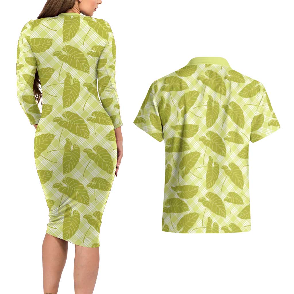 Lime Green Hawaii Kalo Palaka Motifs Couples Matching Long Sleeve Bodycon Dress and Hawaiian Shirt Hawaiian Taro Leaves Elegant Vibes - Polynesian Pride