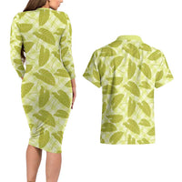 Lime Green Hawaii Kalo Palaka Motifs Couples Matching Long Sleeve Bodycon Dress and Hawaiian Shirt Hawaiian Taro Leaves Elegant Vibes - Polynesian Pride