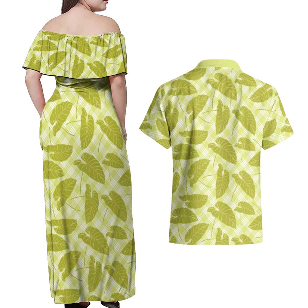 Lime Green Hawaii Kalo Palaka Motifs Couples Matching Off Shoulder Maxi Dress and Hawaiian Shirt Hawaiian Taro Leaves Elegant Vibes - Polynesian Pride