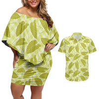 Lime Green Hawaii Kalo Palaka Motifs Couples Matching Off Shoulder Short Dress and Hawaiian Shirt Hawaiian Taro Leaves Elegant Vibes - Polynesian Pride