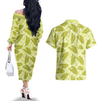 Lime Green Hawaii Kalo Palaka Motifs Couples Matching Off The Shoulder Long Sleeve Dress and Hawaiian Shirt Hawaiian Taro Leaves Elegant Vibes - Polynesian Pride