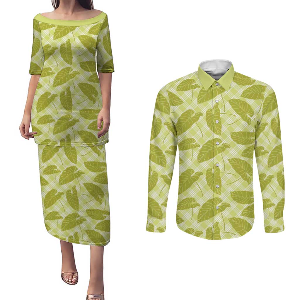 Lime Green Hawaii Kalo Palaka Motifs Couples Matching Puletasi and Long Sleeve Button Shirt Hawaiian Taro Leaves Elegant Vibes - Polynesian Pride