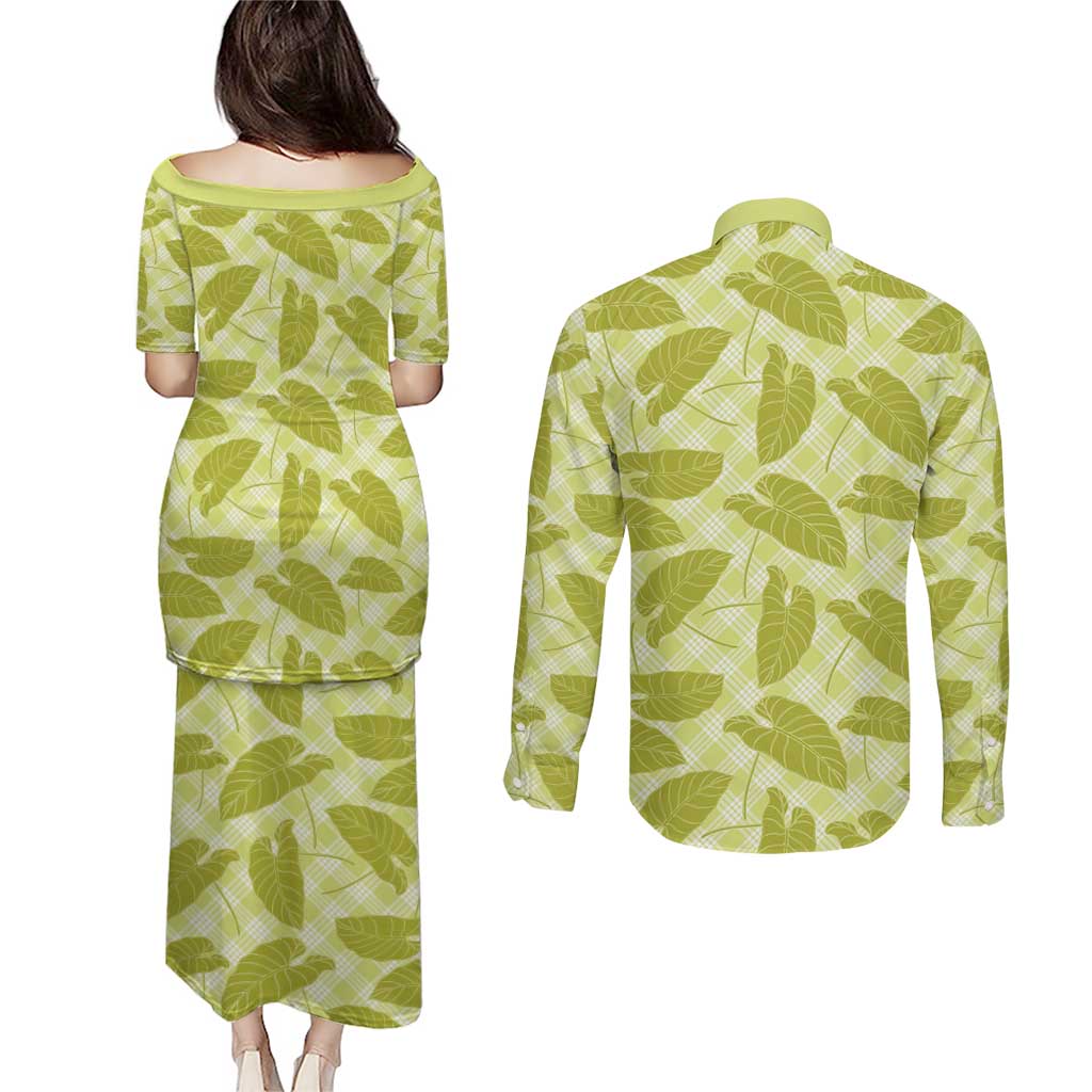 Lime Green Hawaii Kalo Palaka Motifs Couples Matching Puletasi and Long Sleeve Button Shirt Hawaiian Taro Leaves Elegant Vibes - Polynesian Pride
