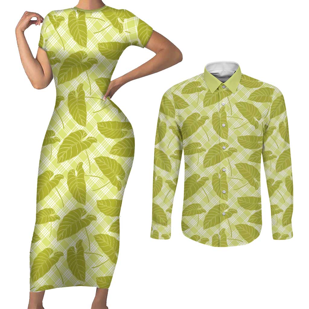 Lime Green Hawaii Kalo Palaka Motifs Couples Matching Short Sleeve Bodycon Dress and Long Sleeve Button Shirt Hawaiian Taro Leaves Elegant Vibes - Polynesian Pride