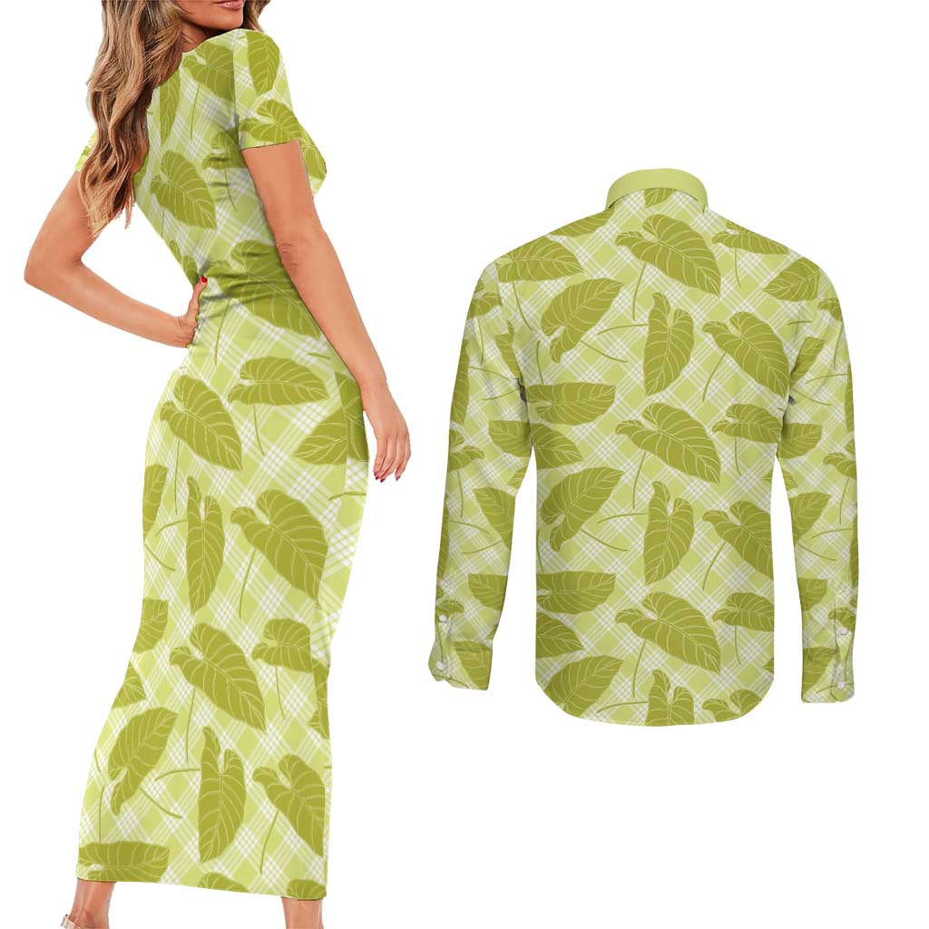 Lime Green Hawaii Kalo Palaka Motifs Couples Matching Short Sleeve Bodycon Dress and Long Sleeve Button Shirt Hawaiian Taro Leaves Elegant Vibes - Polynesian Pride