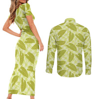 Lime Green Hawaii Kalo Palaka Motifs Couples Matching Short Sleeve Bodycon Dress and Long Sleeve Button Shirt Hawaiian Taro Leaves Elegant Vibes - Polynesian Pride