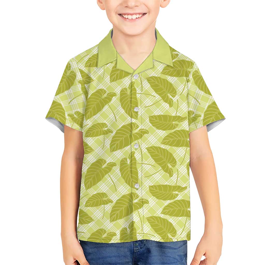 Lime Green Hawaii Kalo Palaka Motifs Family Matching Long Sleeve Bodycon Dress and Hawaiian Shirt Hawaiian Taro Leaves Elegant Vibes - Polynesian Pride