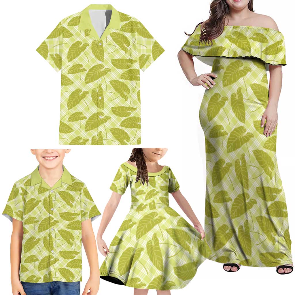 Lime Green Hawaii Kalo Palaka Motifs Family Matching Off Shoulder Maxi Dress and Hawaiian Shirt Hawaiian Taro Leaves Elegant Vibes - Polynesian Pride