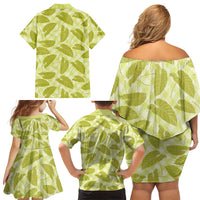 Lime Green Hawaii Kalo Palaka Motifs Family Matching Off Shoulder Short Dress and Hawaiian Shirt Hawaiian Taro Leaves Elegant Vibes - Polynesian Pride