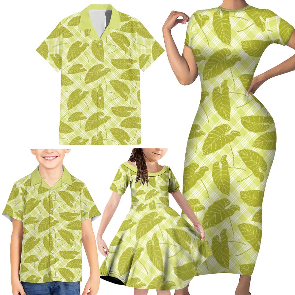 Lime Green Hawaii Kalo Palaka Motifs Family Matching Short Sleeve Bodycon Dress and Hawaiian Shirt Hawaiian Taro Leaves Elegant Vibes - Polynesian Pride