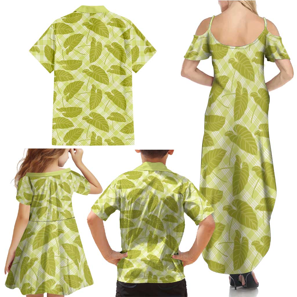 Lime Green Hawaii Kalo Palaka Motifs Family Matching Summer Maxi Dress and Hawaiian Shirt Hawaiian Taro Leaves Elegant Vibes - Polynesian Pride