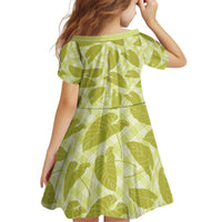 Lime Green Hawaii Kalo Palaka Motifs Kid Short Sleeve Dress Hawaiian Taro Leaves Elegant Vibes - Polynesian Pride