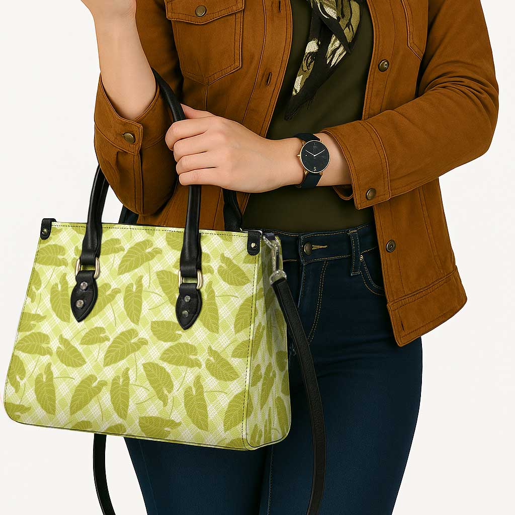 Lime Green Hawaii Kalo Palaka Motifs Leather Bag Hawaiian Taro Leaves Elegant Vibes - Polynesian Pride