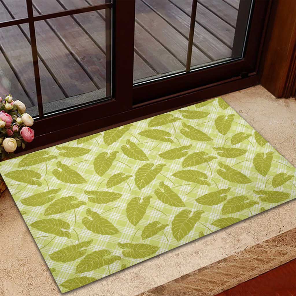 Lime Green Hawaii Kalo Palaka Motifs Rubber Doormat Hawaiian Taro Leaves Elegant Vibes - Polynesian Pride