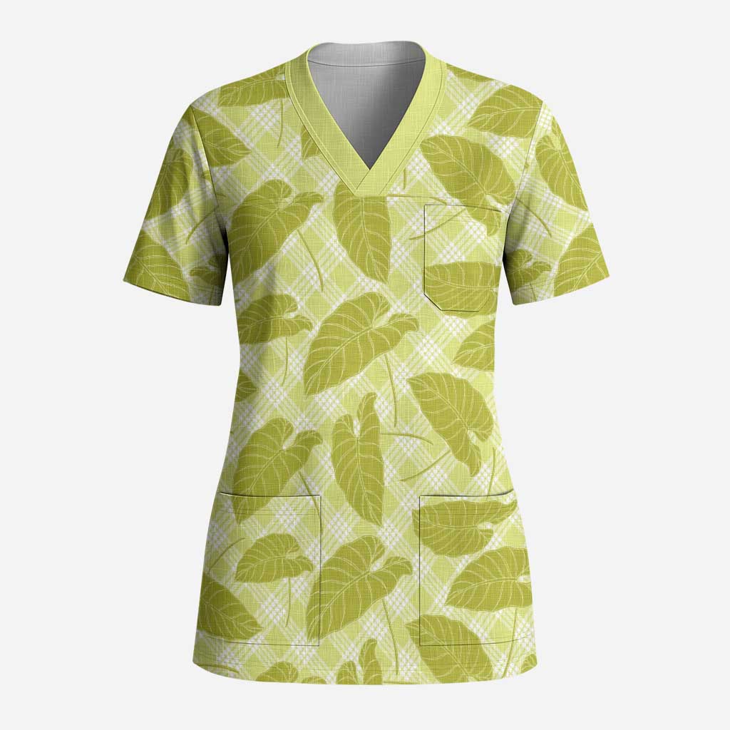 Lime Green Hawaii Kalo Palaka Motifs Scrub Top Hawaiian Taro Leaves Elegant Vibes LT14 Adult Lime Green - Polynesian Pride
