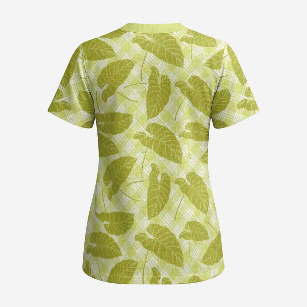 Lime Green Hawaii Kalo Palaka Motifs Scrub Top Hawaiian Taro Leaves Elegant Vibes LT14 - Polynesian Pride