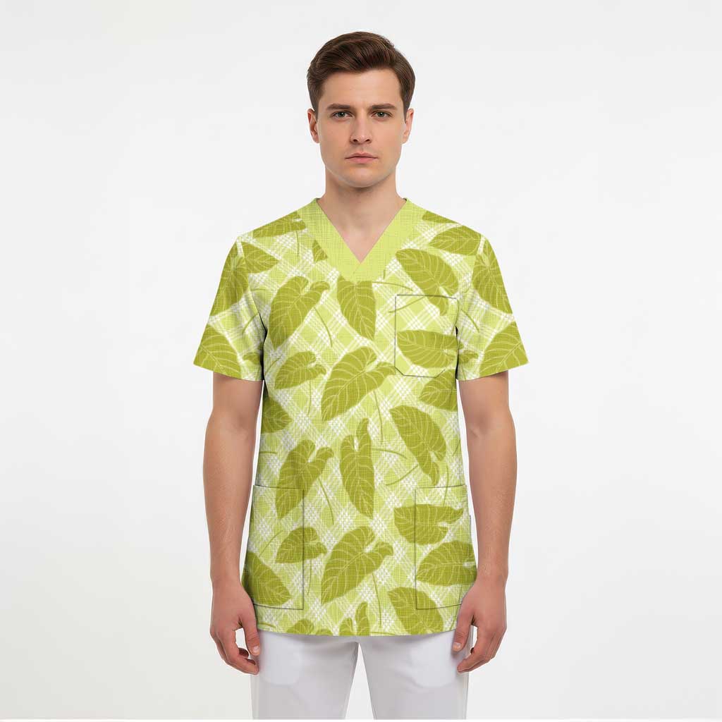 Lime Green Hawaii Kalo Palaka Motifs Scrub Top Hawaiian Taro Leaves Elegant Vibes LT14 - Polynesian Pride