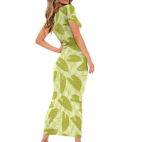 Lime Green Hawaii Kalo Palaka Motifs Short Sleeve Bodycon Dress Hawaiian Taro Leaves Elegant Vibes - Polynesian Pride