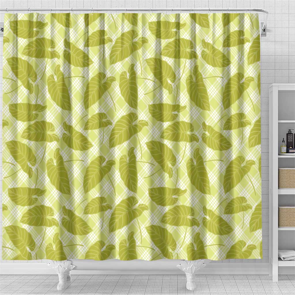 Lime Green Hawaii Kalo Palaka Motifs Shower Curtain Hawaiian Taro Leaves Elegant Vibes - Polynesian Pride