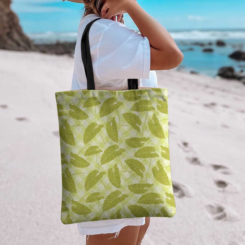 Lime Green Hawaii Kalo Palaka Motifs Tote Bag Hawaiian Taro Leaves Elegant Vibes - Polynesian Pride