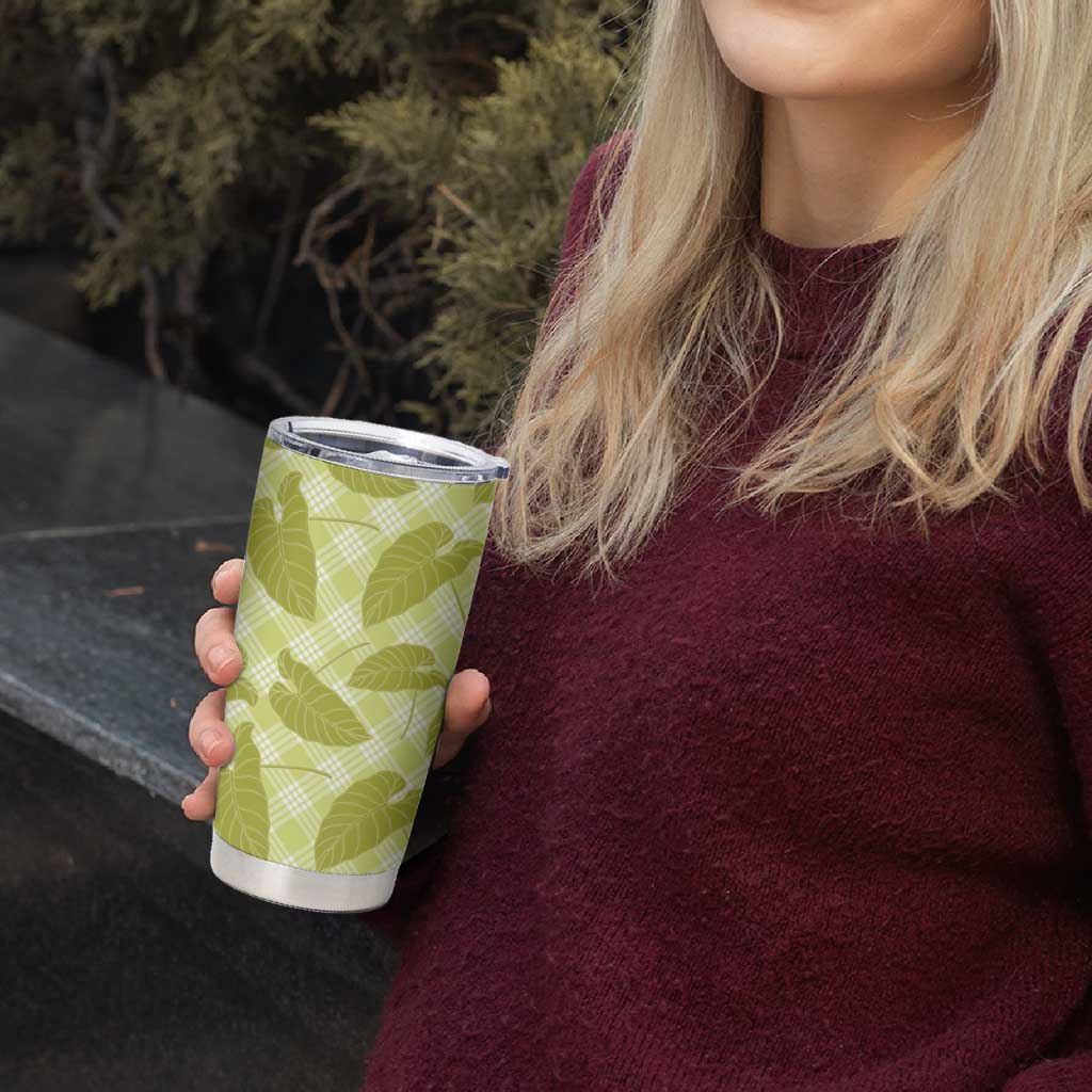 Lime Green Hawaii Kalo Palaka Motifs Tumbler Cup Hawaiian Taro Leaves Elegant Vibes - Polynesian Pride