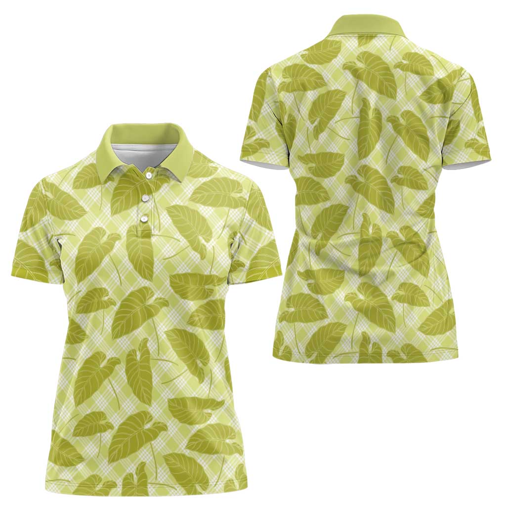 Lime Green Hawaii Kalo Palaka Motifs Women Polo Shirt Hawaiian Taro Leaves Elegant Vibes - Polynesian Pride