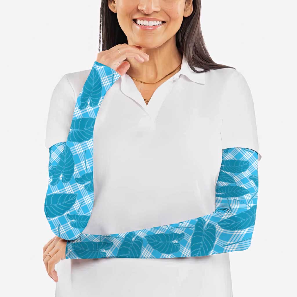 Blue Hawaii Kalo Palaka Motifs Arm Sleeves Hawaiian Taro Leaves Elegant Vibes - Polynesian Pride