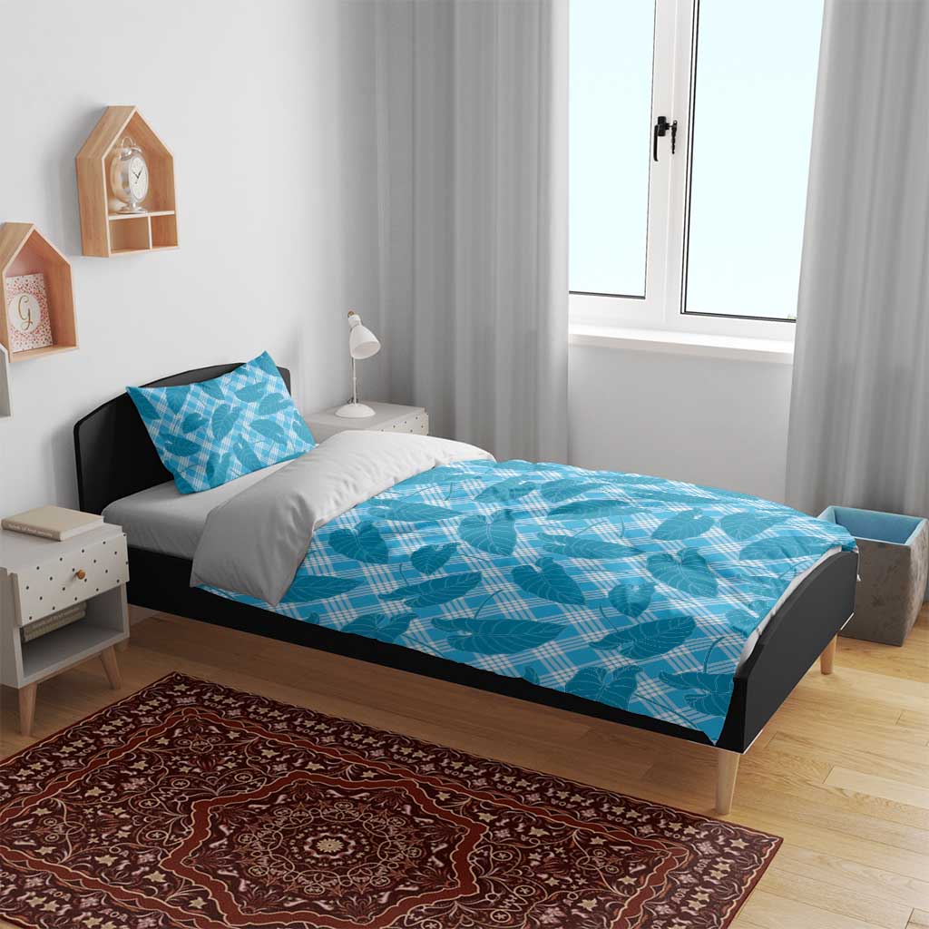 Blue Hawaii Kalo Palaka Motifs Bedding Set Hawaiian Taro Leaves Elegant Vibes - Polynesian Pride