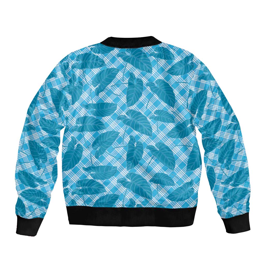 Blue Hawaii Kalo Palaka Motifs Bomber Jacket Hawaiian Taro Leaves Elegant Vibes - Polynesian Pride