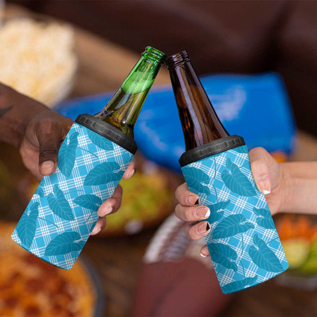 Blue Hawaii Kalo Palaka Motifs 4 in 1 Can Cooler Tumbler Hawaiian Taro Leaves Elegant Vibes - Polynesian Pride