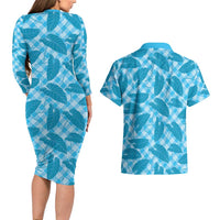 Blue Hawaii Kalo Palaka Motifs Couples Matching Long Sleeve Bodycon Dress and Hawaiian Shirt Hawaiian Taro Leaves Elegant Vibes - Polynesian Pride