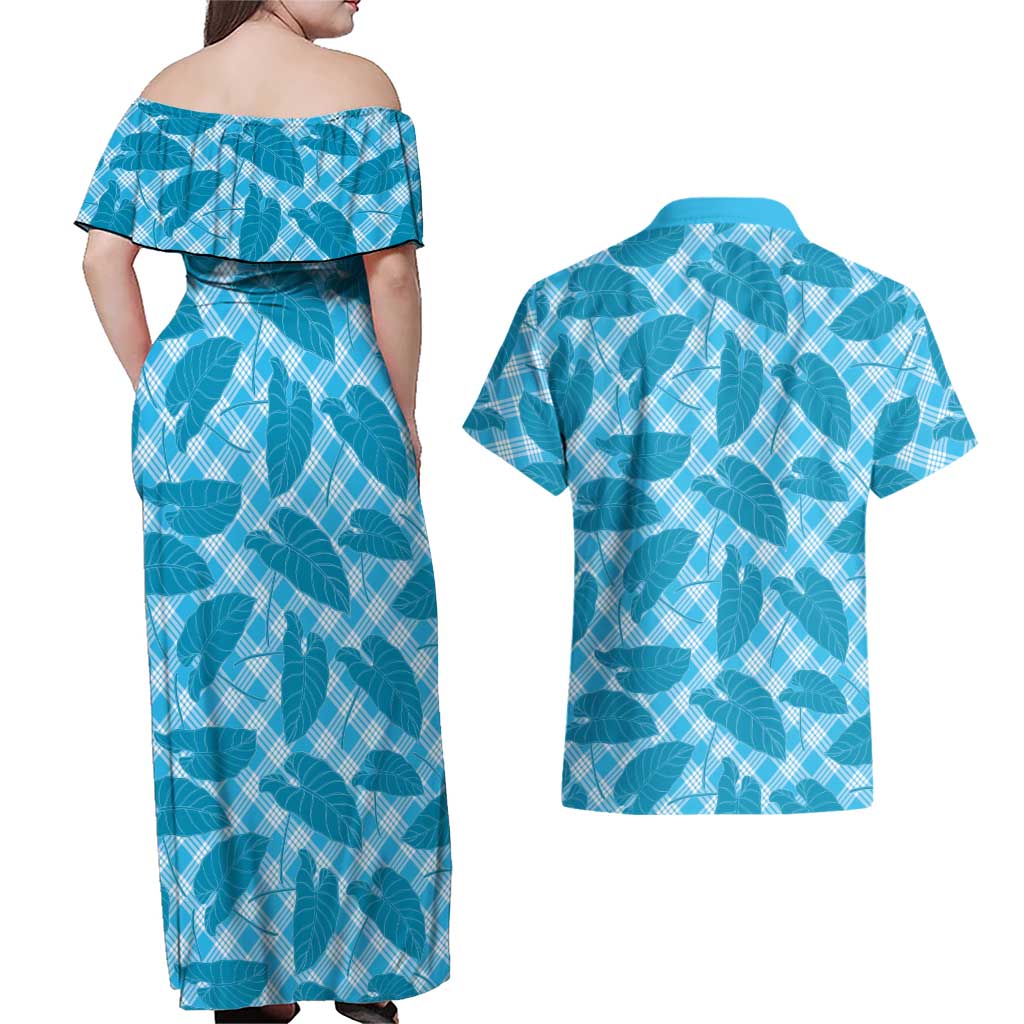 Blue Hawaii Kalo Palaka Motifs Couples Matching Off Shoulder Maxi Dress and Hawaiian Shirt Hawaiian Taro Leaves Elegant Vibes - Polynesian Pride