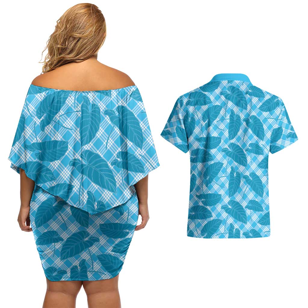 Blue Hawaii Kalo Palaka Motifs Couples Matching Off Shoulder Short Dress and Hawaiian Shirt Hawaiian Taro Leaves Elegant Vibes - Polynesian Pride