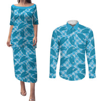 Blue Hawaii Kalo Palaka Motifs Couples Matching Puletasi and Long Sleeve Button Shirt Hawaiian Taro Leaves Elegant Vibes - Polynesian Pride