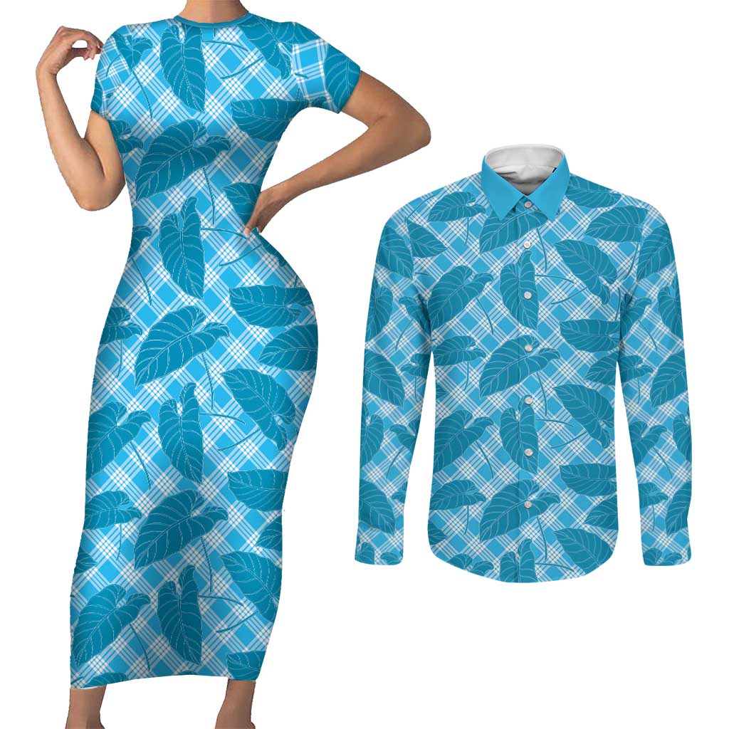Blue Hawaii Kalo Palaka Motifs Couples Matching Short Sleeve Bodycon Dress and Long Sleeve Button Shirt Hawaiian Taro Leaves Elegant Vibes - Polynesian Pride