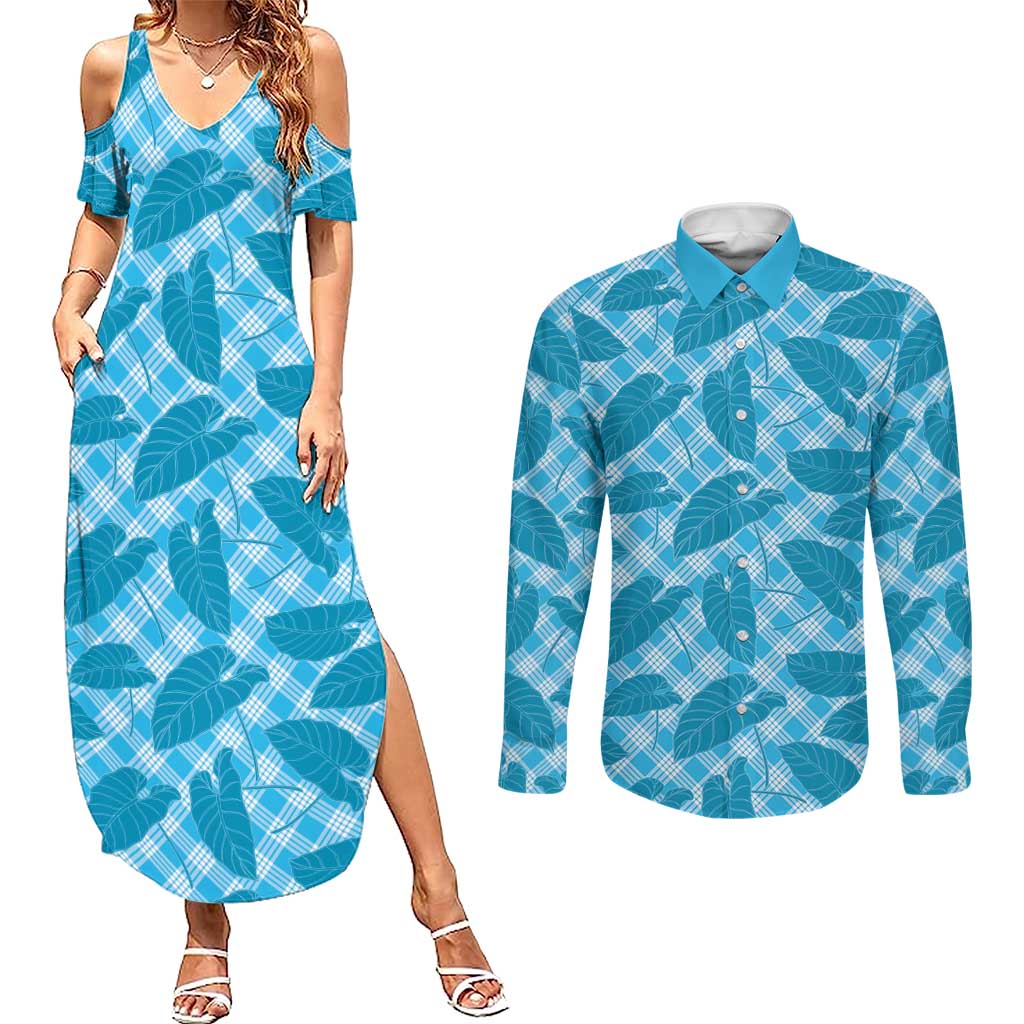 Blue Hawaii Kalo Palaka Motifs Couples Matching Summer Maxi Dress and Long Sleeve Button Shirt Hawaiian Taro Leaves Elegant Vibes - Polynesian Pride