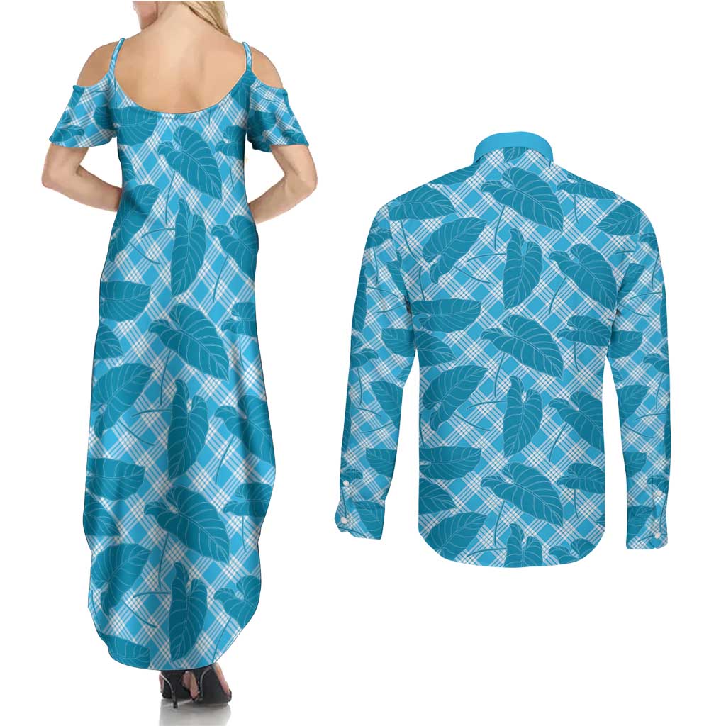Blue Hawaii Kalo Palaka Motifs Couples Matching Summer Maxi Dress and Long Sleeve Button Shirt Hawaiian Taro Leaves Elegant Vibes - Polynesian Pride