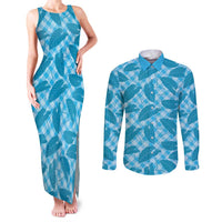 Blue Hawaii Kalo Palaka Motifs Couples Matching Tank Maxi Dress and Long Sleeve Button Shirt Hawaiian Taro Leaves Elegant Vibes LT14 Blue - Polynesian Pride