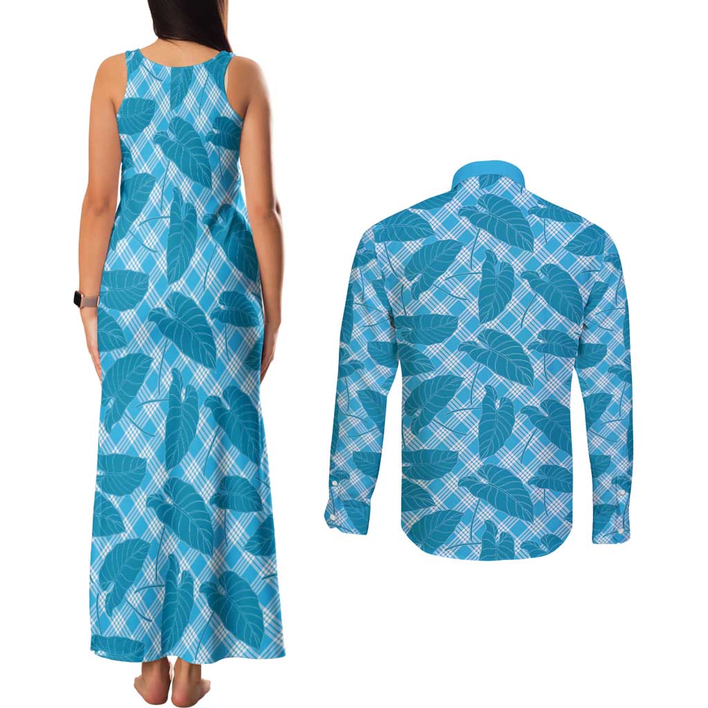 Blue Hawaii Kalo Palaka Motifs Couples Matching Tank Maxi Dress and Long Sleeve Button Shirt Hawaiian Taro Leaves Elegant Vibes LT14 - Polynesian Pride