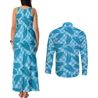 Blue Hawaii Kalo Palaka Motifs Couples Matching Tank Maxi Dress and Long Sleeve Button Shirt Hawaiian Taro Leaves Elegant Vibes LT14 - Polynesian Pride