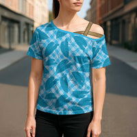 Blue Hawaii Kalo Palaka Motifs Cross Shoulder Shirt Hawaiian Taro Leaves Elegant Vibes - Polynesian Pride