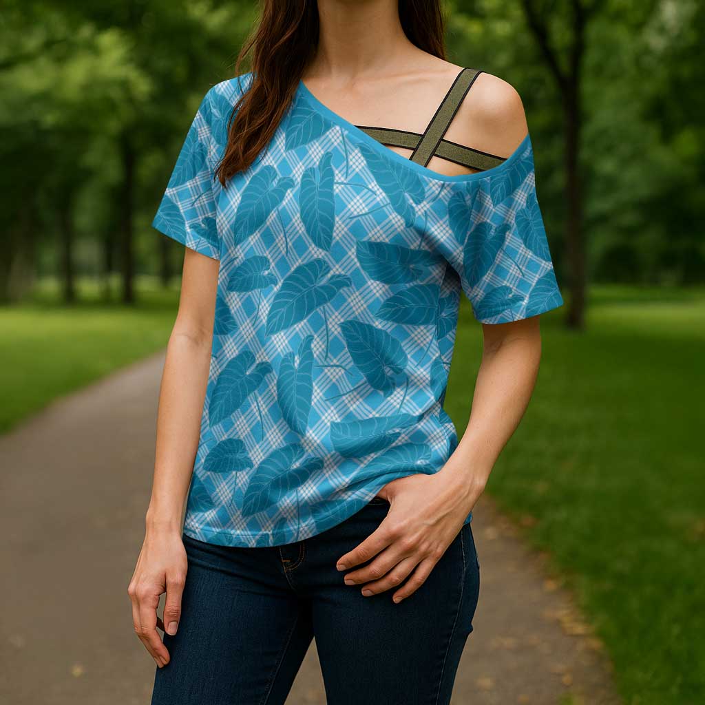 Blue Hawaii Kalo Palaka Motifs Cross Shoulder Shirt Hawaiian Taro Leaves Elegant Vibes - Polynesian Pride