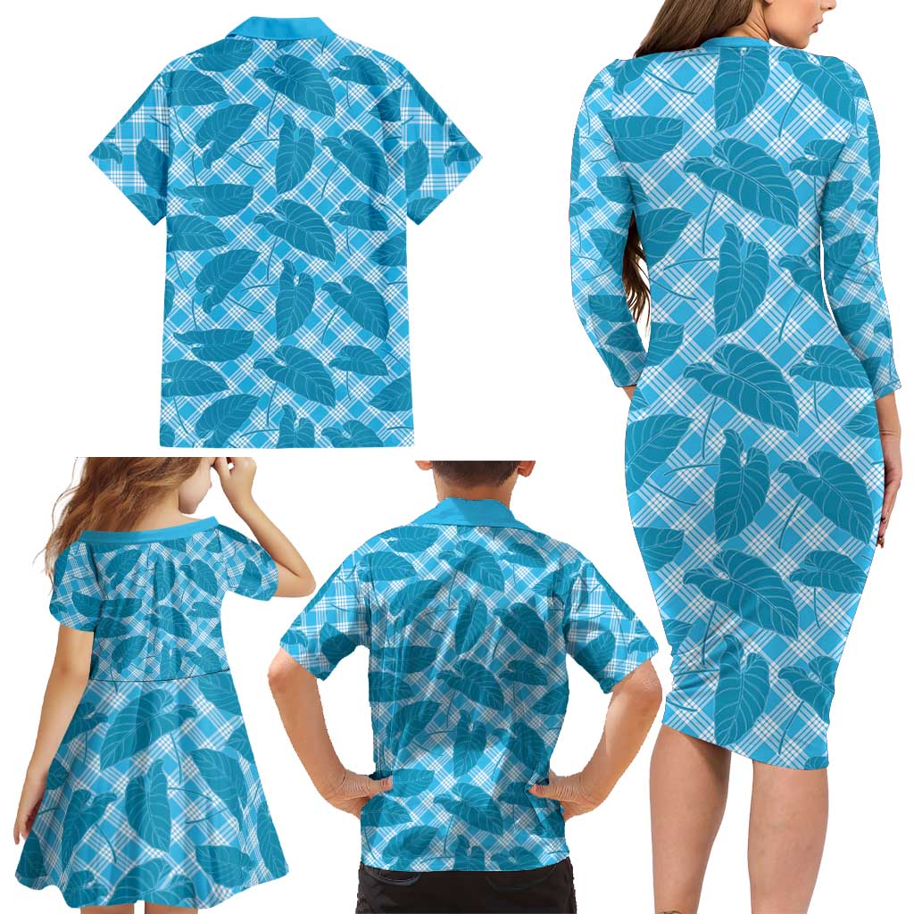 Blue Hawaii Kalo Palaka Motifs Family Matching Long Sleeve Bodycon Dress and Hawaiian Shirt Hawaiian Taro Leaves Elegant Vibes - Polynesian Pride