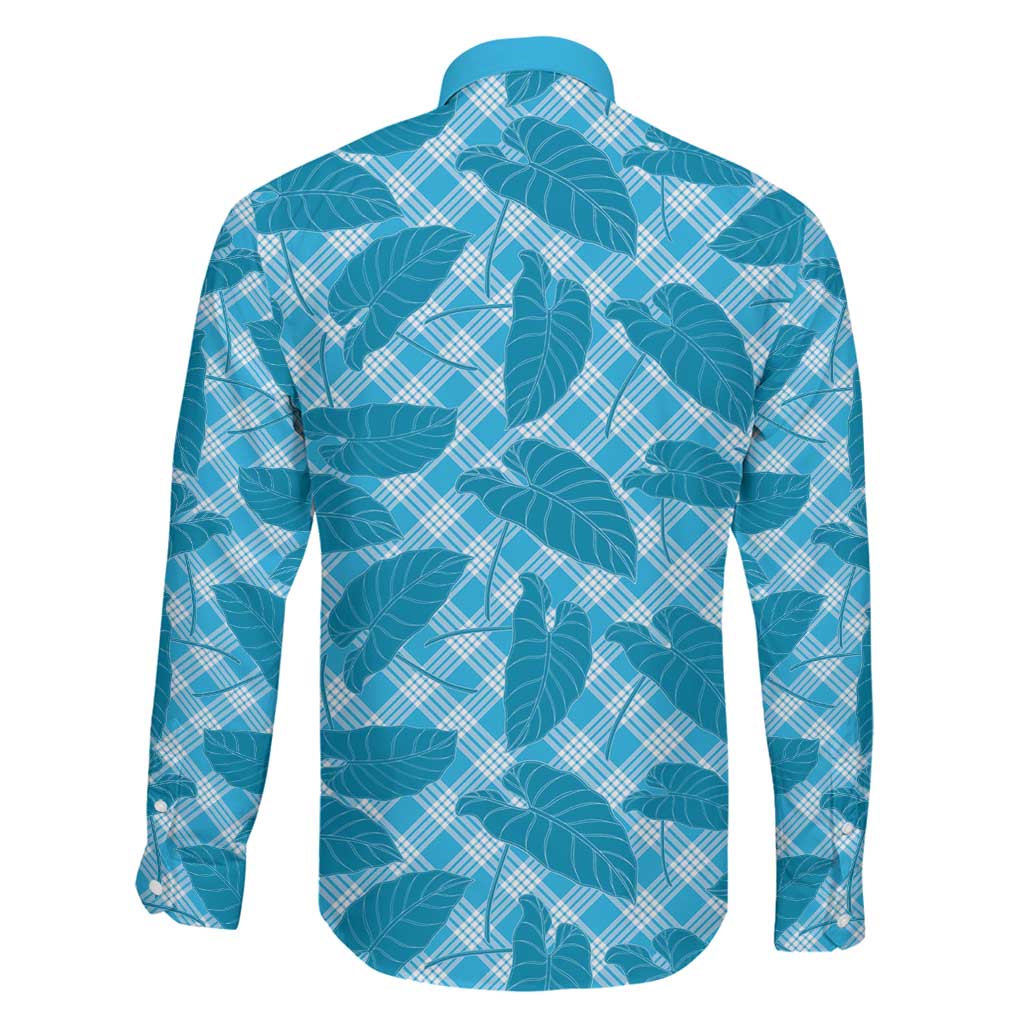 Blue Hawaii Kalo Palaka Motifs Family Matching Long Sleeve Bodycon Dress and Hawaiian Shirt Hawaiian Taro Leaves Elegant Vibes - Polynesian Pride