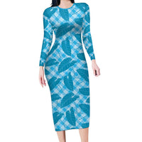 Blue Hawaii Kalo Palaka Motifs Family Matching Long Sleeve Bodycon Dress and Hawaiian Shirt Hawaiian Taro Leaves Elegant Vibes - Polynesian Pride