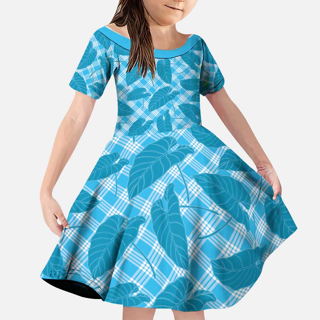 Blue Hawaii Kalo Palaka Motifs Family Matching Off Shoulder Maxi Dress and Hawaiian Shirt Hawaiian Taro Leaves Elegant Vibes - Polynesian Pride