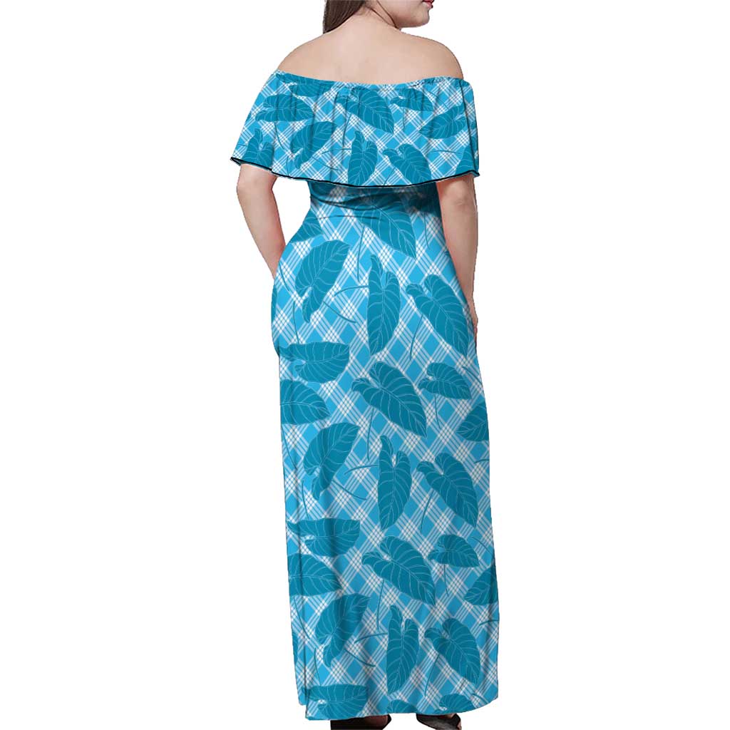 Blue Hawaii Kalo Palaka Motifs Family Matching Off Shoulder Maxi Dress and Hawaiian Shirt Hawaiian Taro Leaves Elegant Vibes - Polynesian Pride