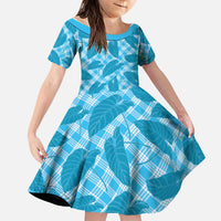Blue Hawaii Kalo Palaka Motifs Family Matching Off Shoulder Short Dress and Hawaiian Shirt Hawaiian Taro Leaves Elegant Vibes - Polynesian Pride